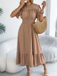 Smocked Frill-Neck Midi Dress
