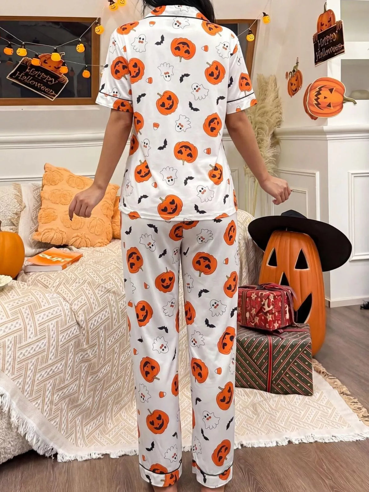Pumpkin Print Button-Up Pyjama Set