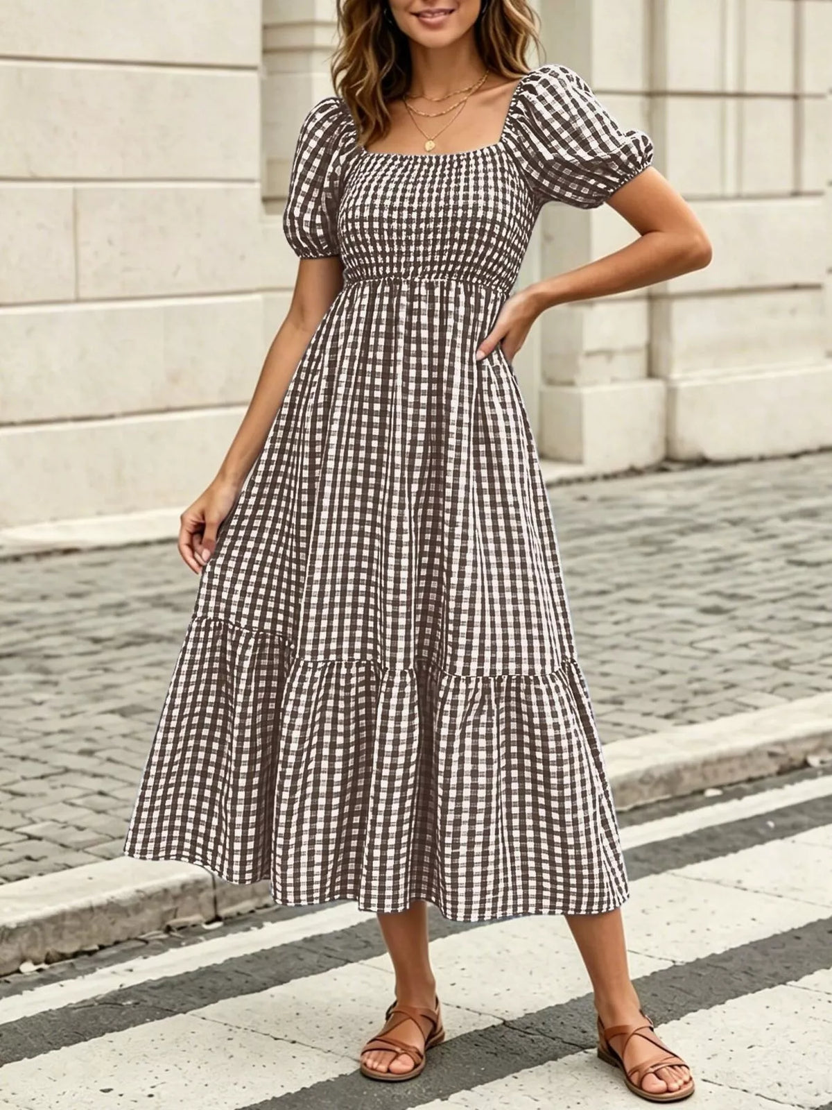 Gingham Smocked Puff-Sleeve Midi Dress