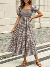 Gingham Smocked Puff-Sleeve Midi Dress