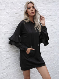 Ruffle-Sleeve Hooded Sweater Dress