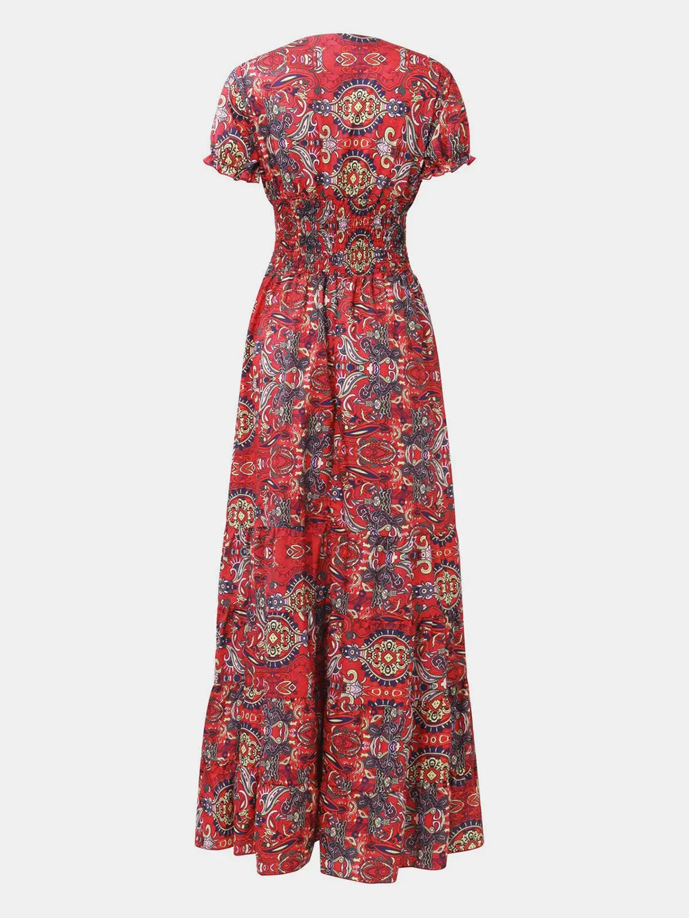 Smocked Printed V-Neck Maxi Dress