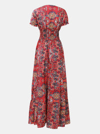 Smocked Printed V-Neck Maxi Dress
