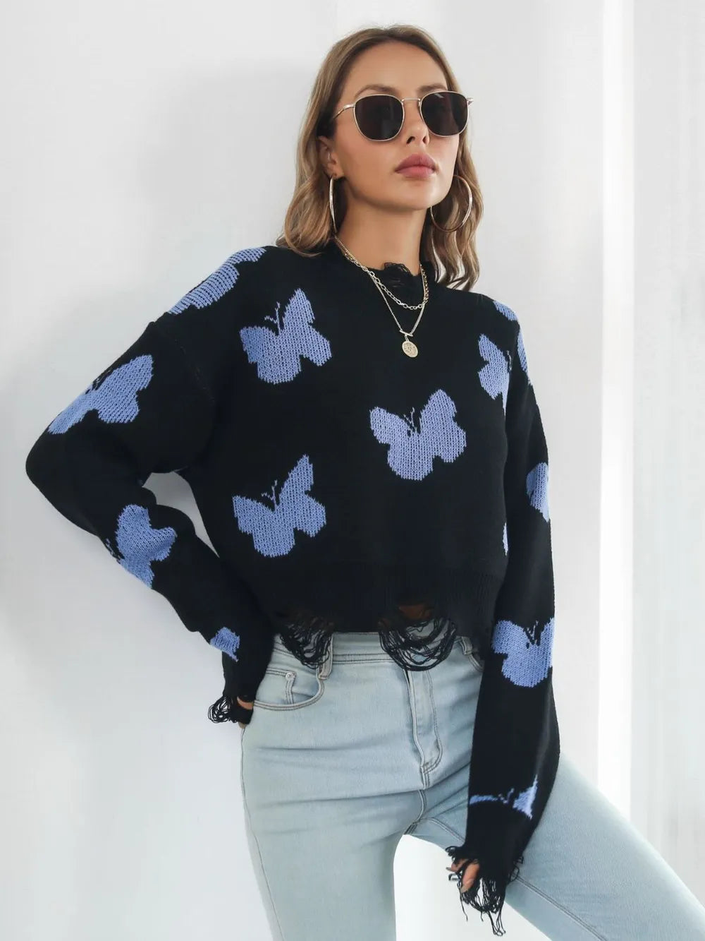 Butterfly Distressed Cropped Jumper