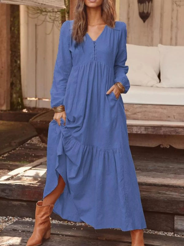 Long-Sleeve Tiered Maxi Dress with Pockets