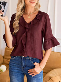 Champagne Ruffle V-Neck Blouse