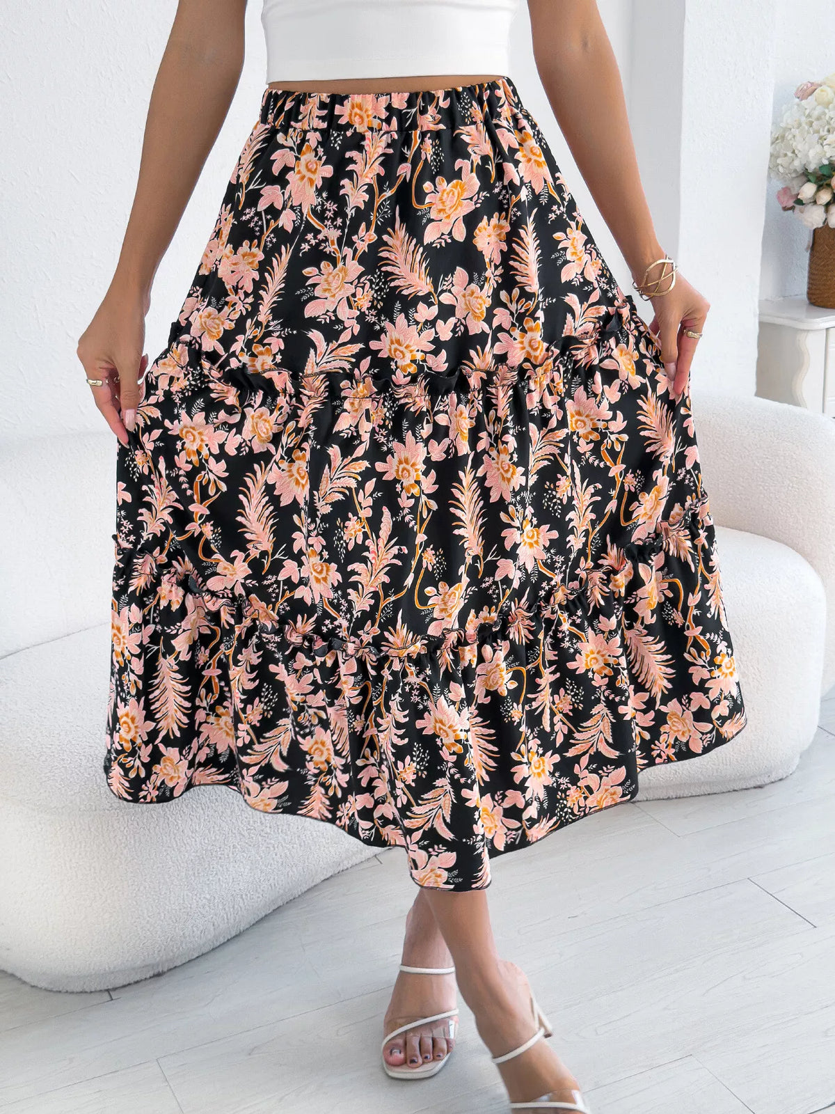 Midnight Floral Ruffle-Hem Midi Skirt