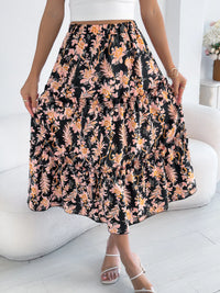 Midnight Floral Ruffle-Hem Midi Skirt