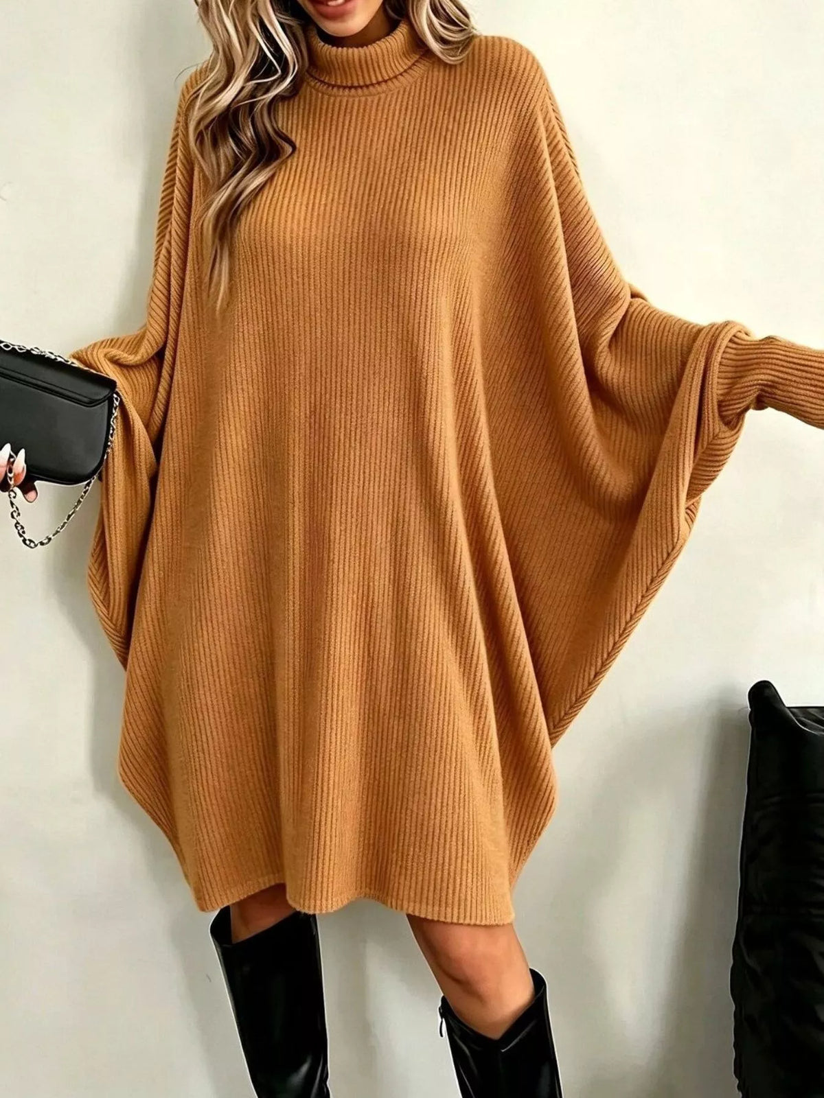 Oversized Ribbed Roll-Neck Jumper Dress