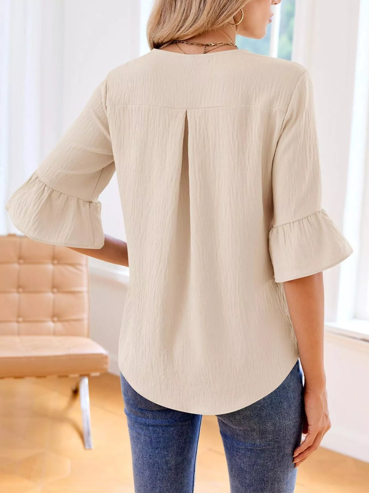 Champagne Ruffle V-Neck Blouse