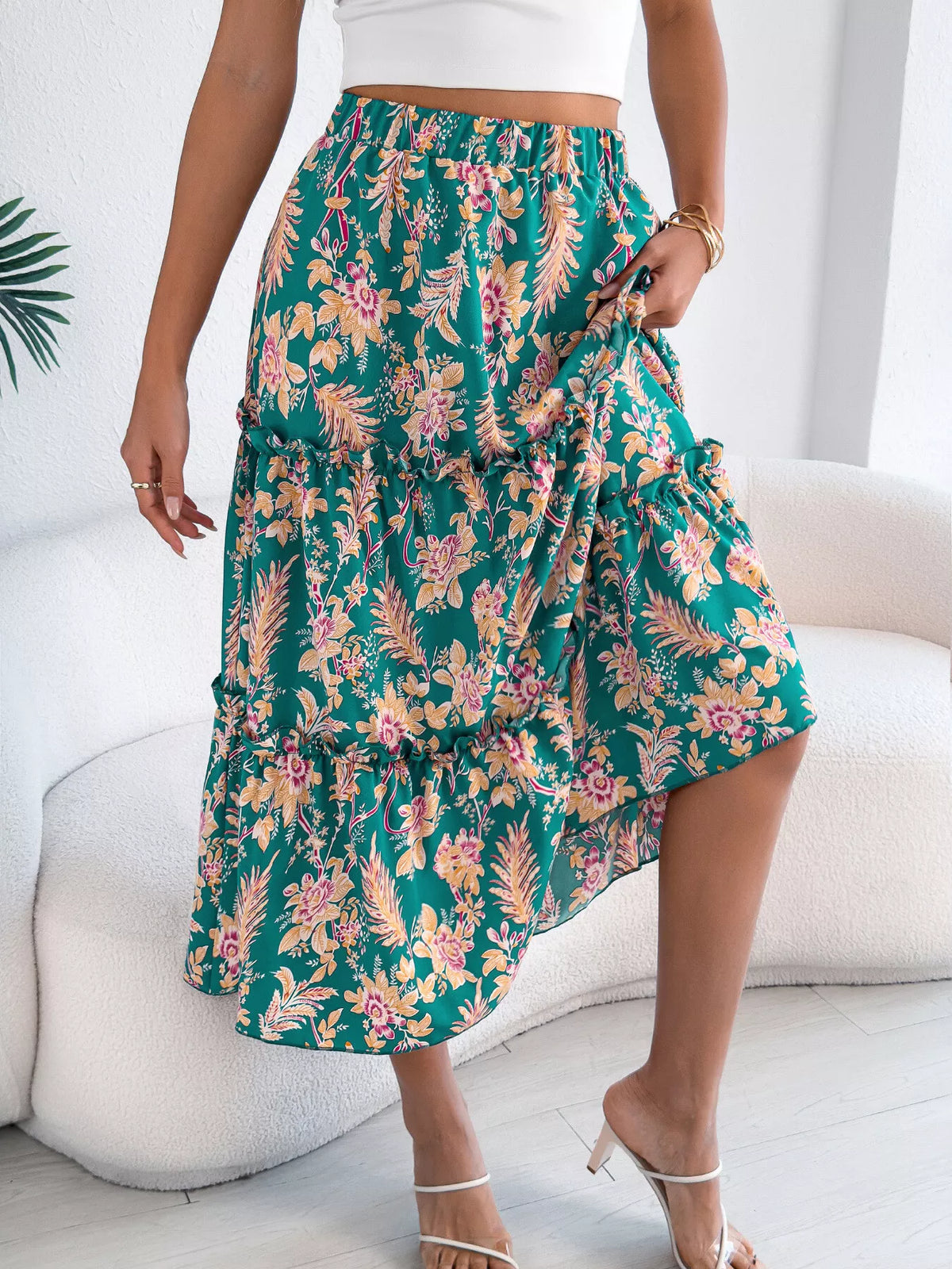 Midnight Floral Ruffle-Hem Midi Skirt