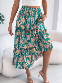 Midnight Floral Ruffle-Hem Midi Skirt