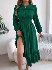 Balloon-Sleeve Tiered Smocked Maxi Dress