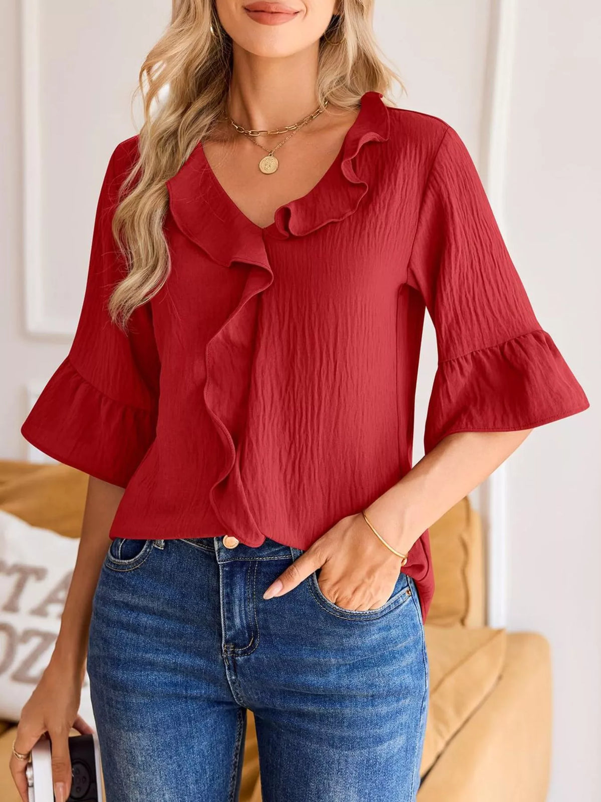 Champagne Ruffle V-Neck Blouse