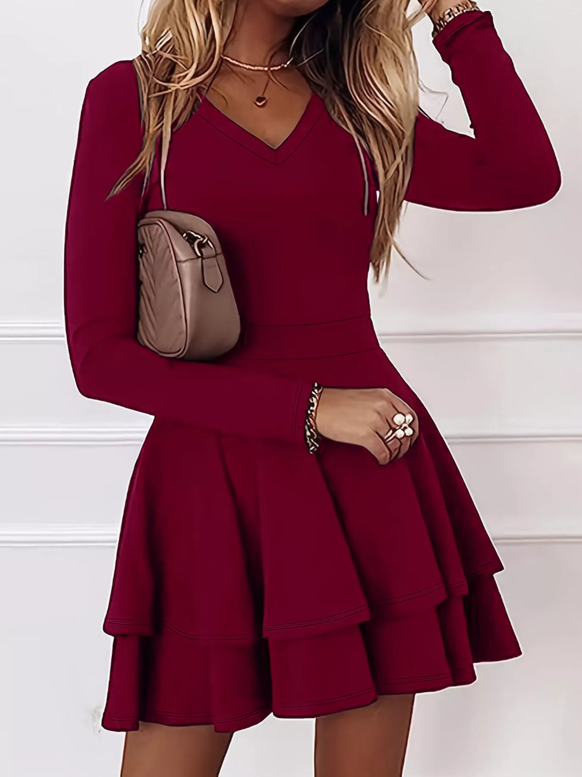 Long-Sleeve Tiered Ruffle Mini Dress