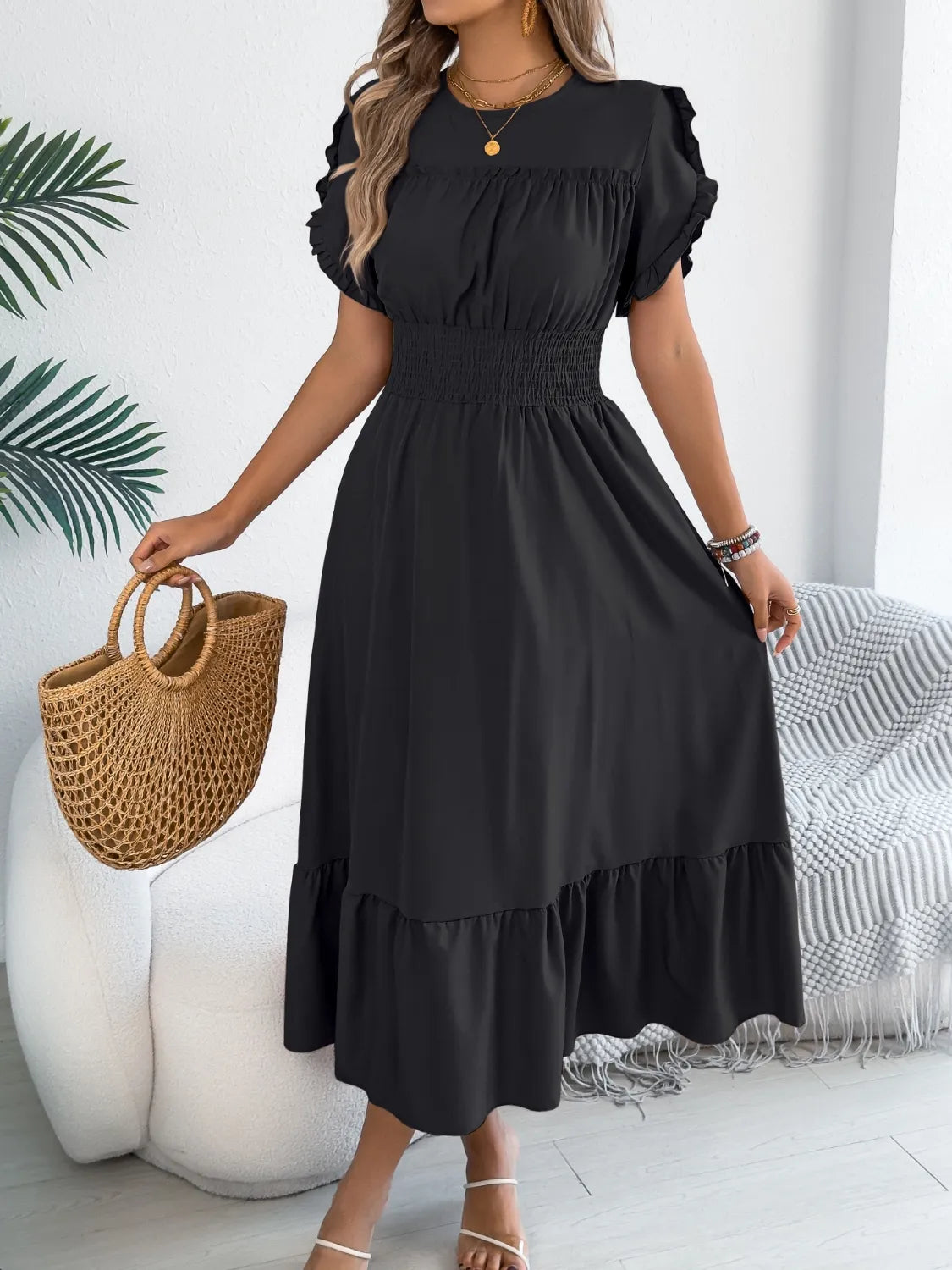 Smocked Frill-Neck Midi Dress