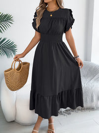 Smocked Frill-Neck Midi Dress