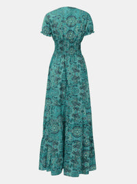 Smocked Printed V-Neck Maxi Dress