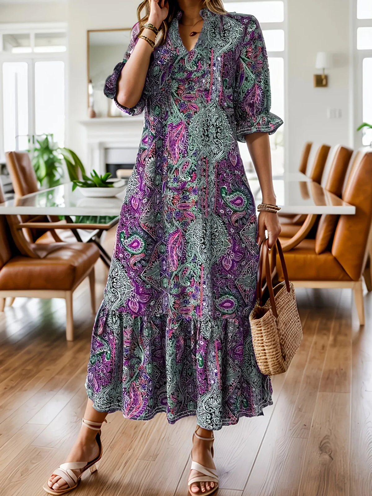 Boho Paisley Ruffle-Hem Midi Dress