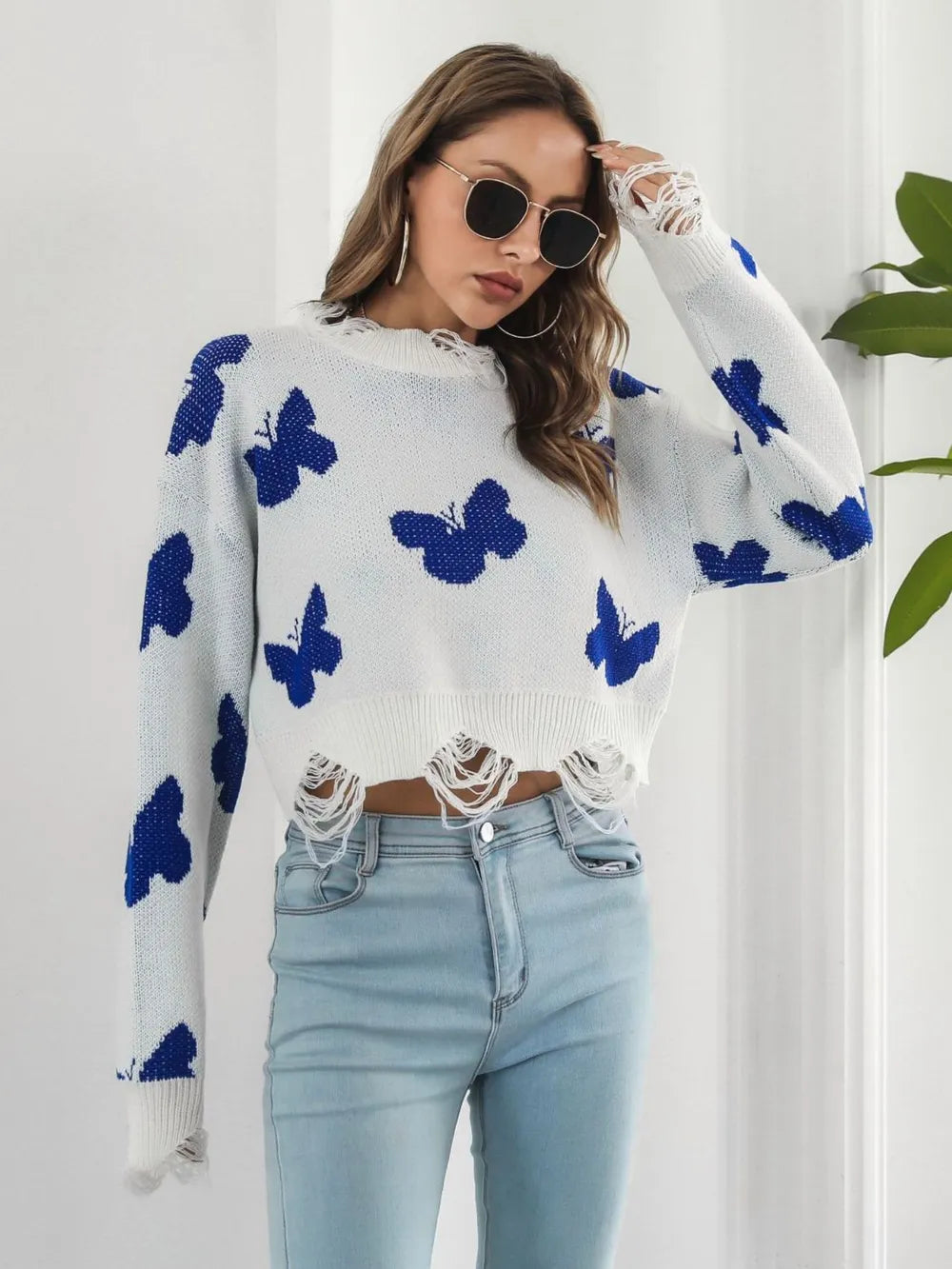 Butterfly Distressed Cropped Jumper