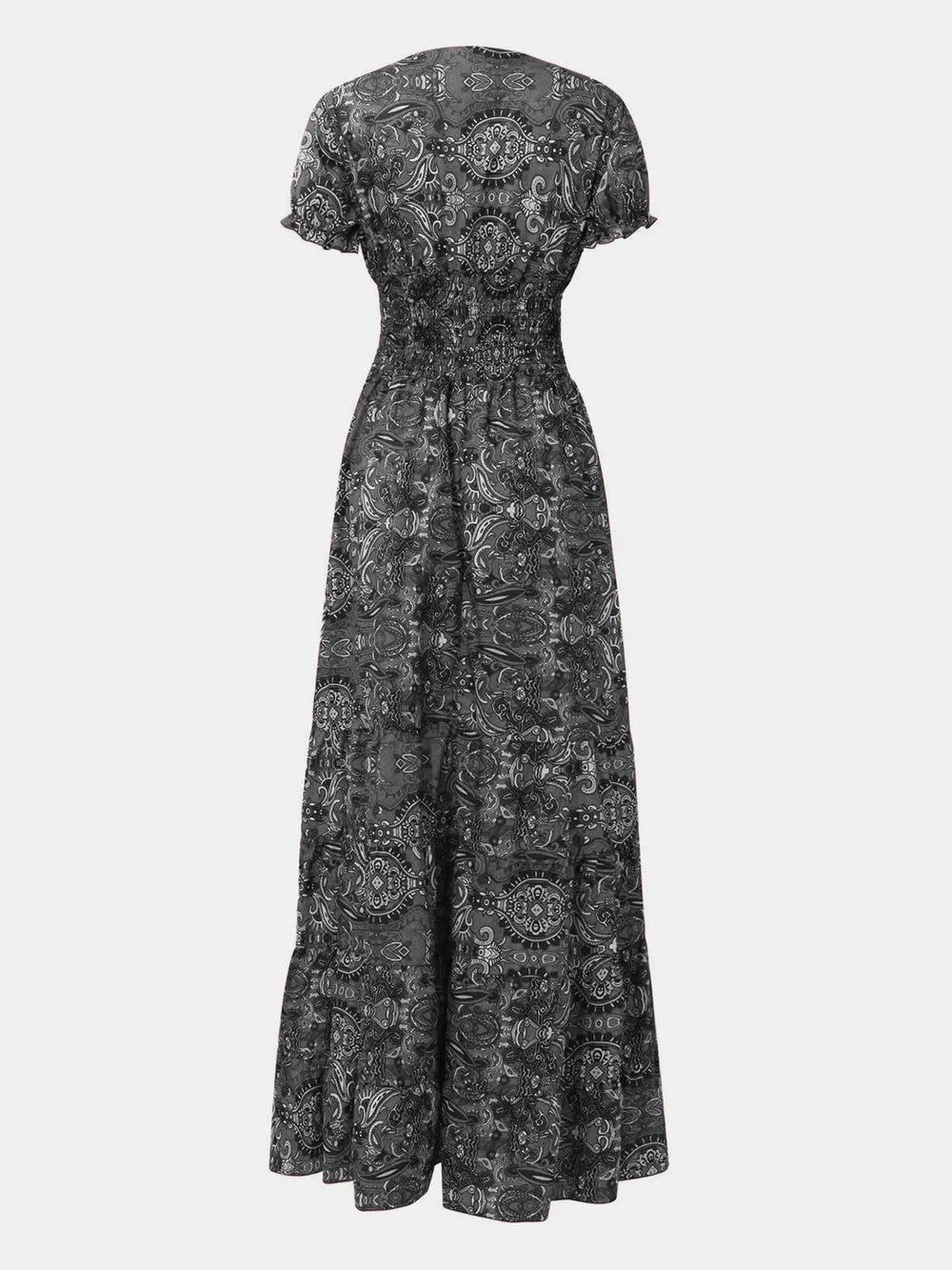 Smocked Printed V-Neck Maxi Dress