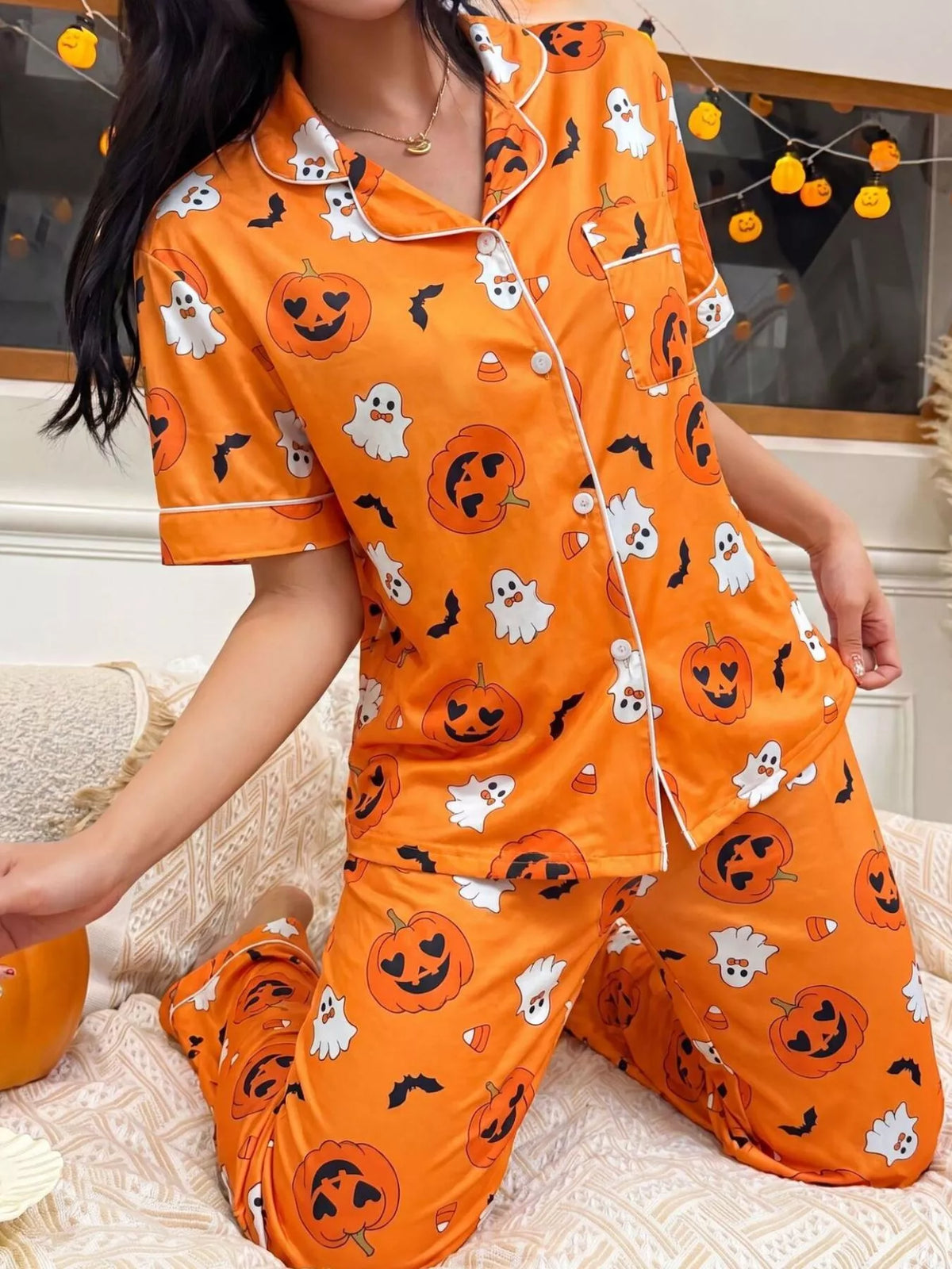 Pumpkin Print Button-Up Pyjama Set