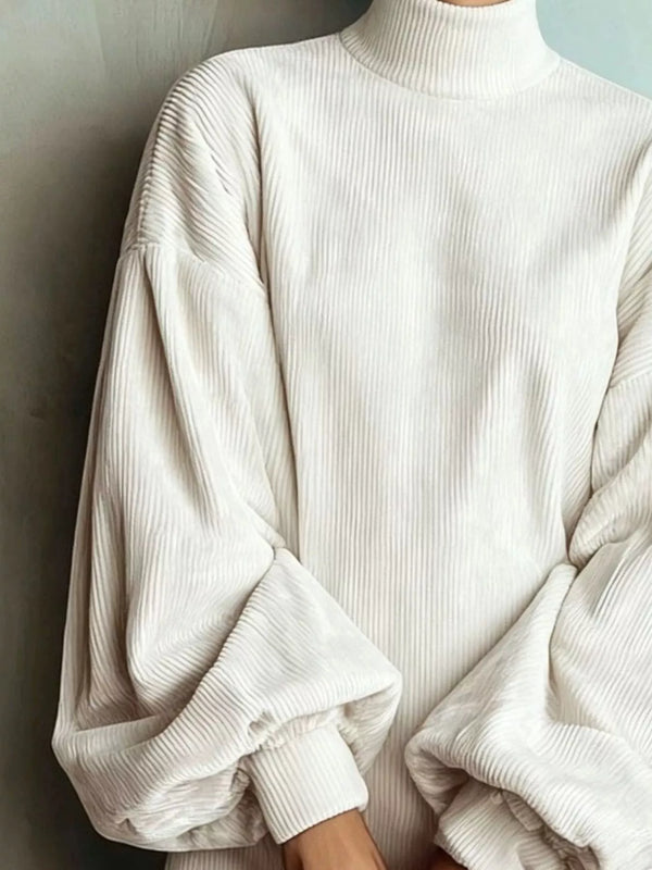 Ribbed High-Neck Lantern-Sleeve Mini Dress
