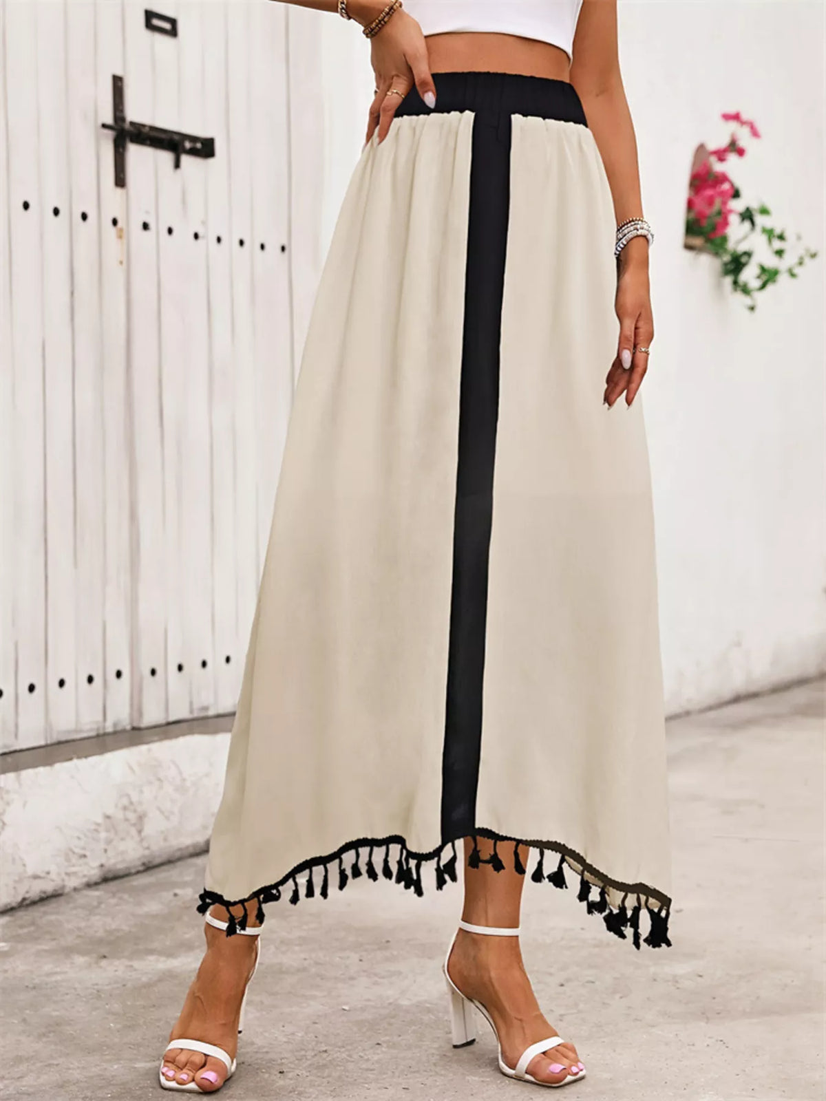 Tassel-Trim High-Waist Maxi Skirt