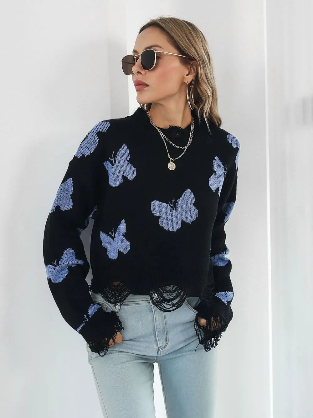 Butterfly Distressed Cropped Jumper