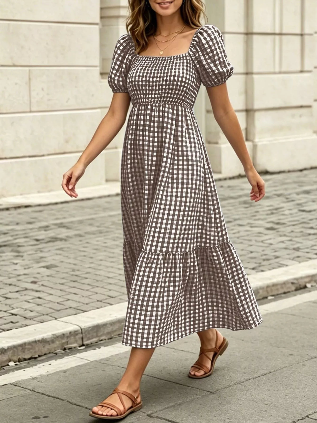 Gingham Smocked Puff-Sleeve Midi Dress