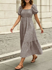 Gingham Smocked Puff-Sleeve Midi Dress