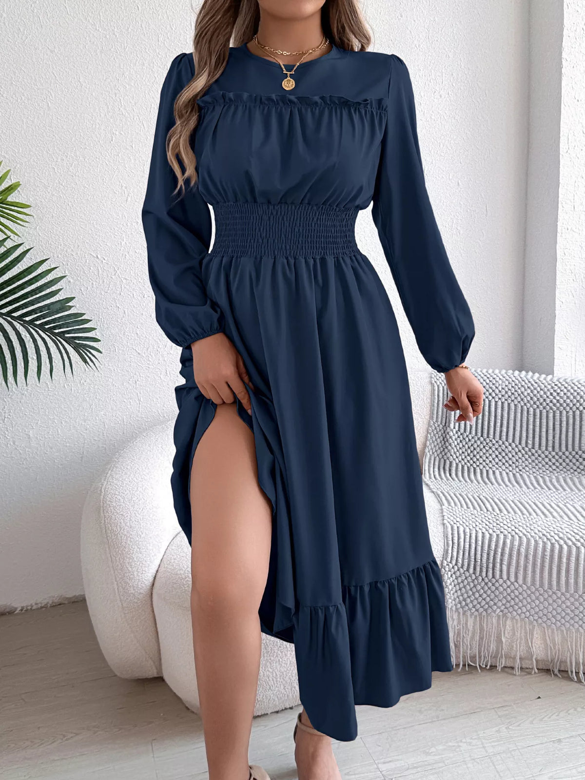 Balloon-Sleeve Tiered Smocked Maxi Dress