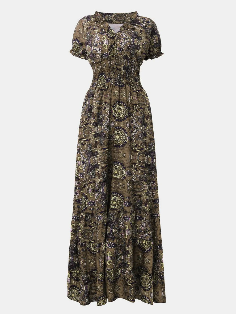 Smocked Printed V-Neck Maxi Dress