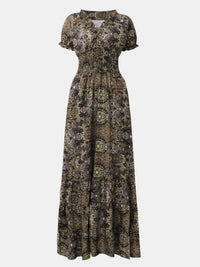 Smocked Printed V-Neck Maxi Dress