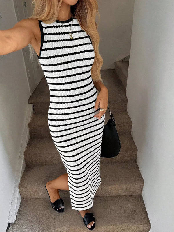 Monochrome Stripe Bodycon Midi Dress