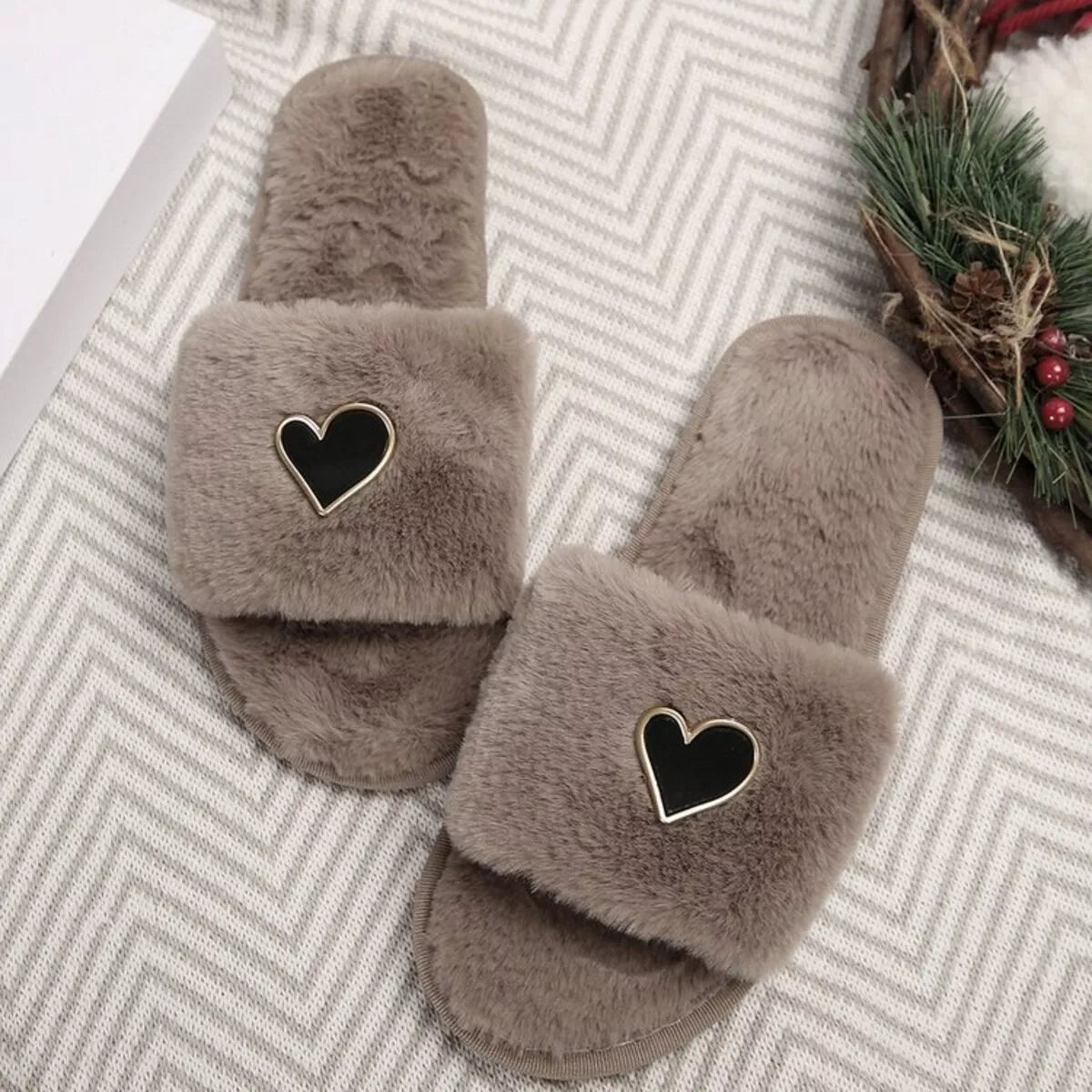 Heart Faux-Fur Slider Slippers