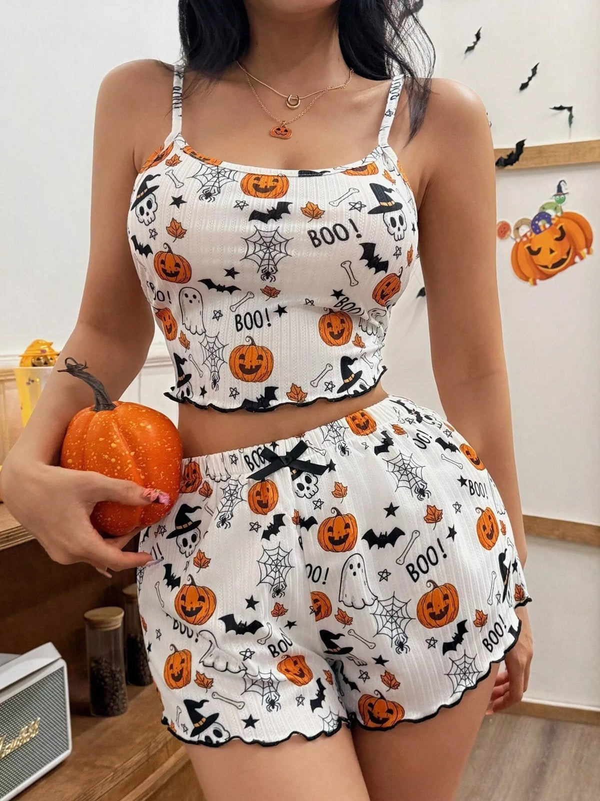 Pumpkin Print Ribbed Cami Pyjama Set