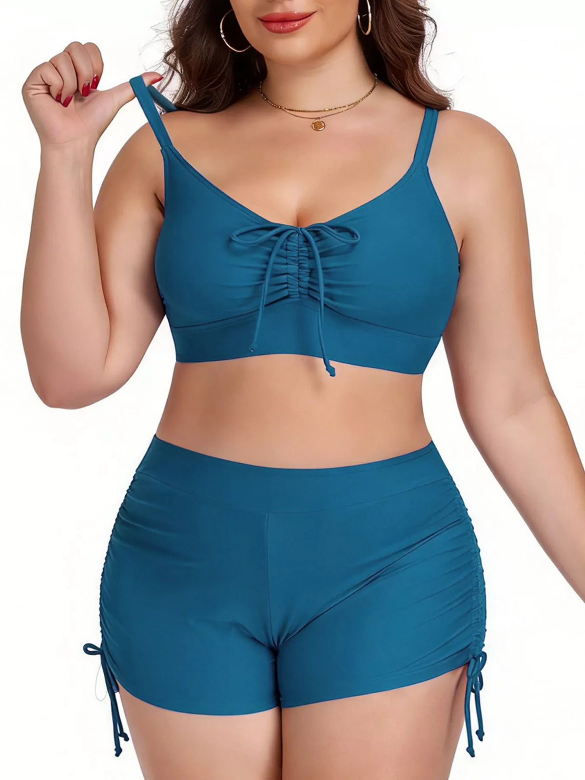 Plus Size Ruched Drawstring Swim Set
