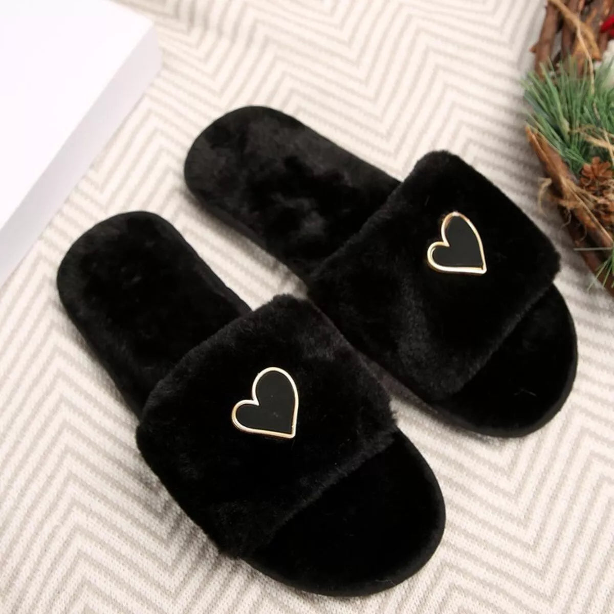 Heart Faux-Fur Slider Slippers