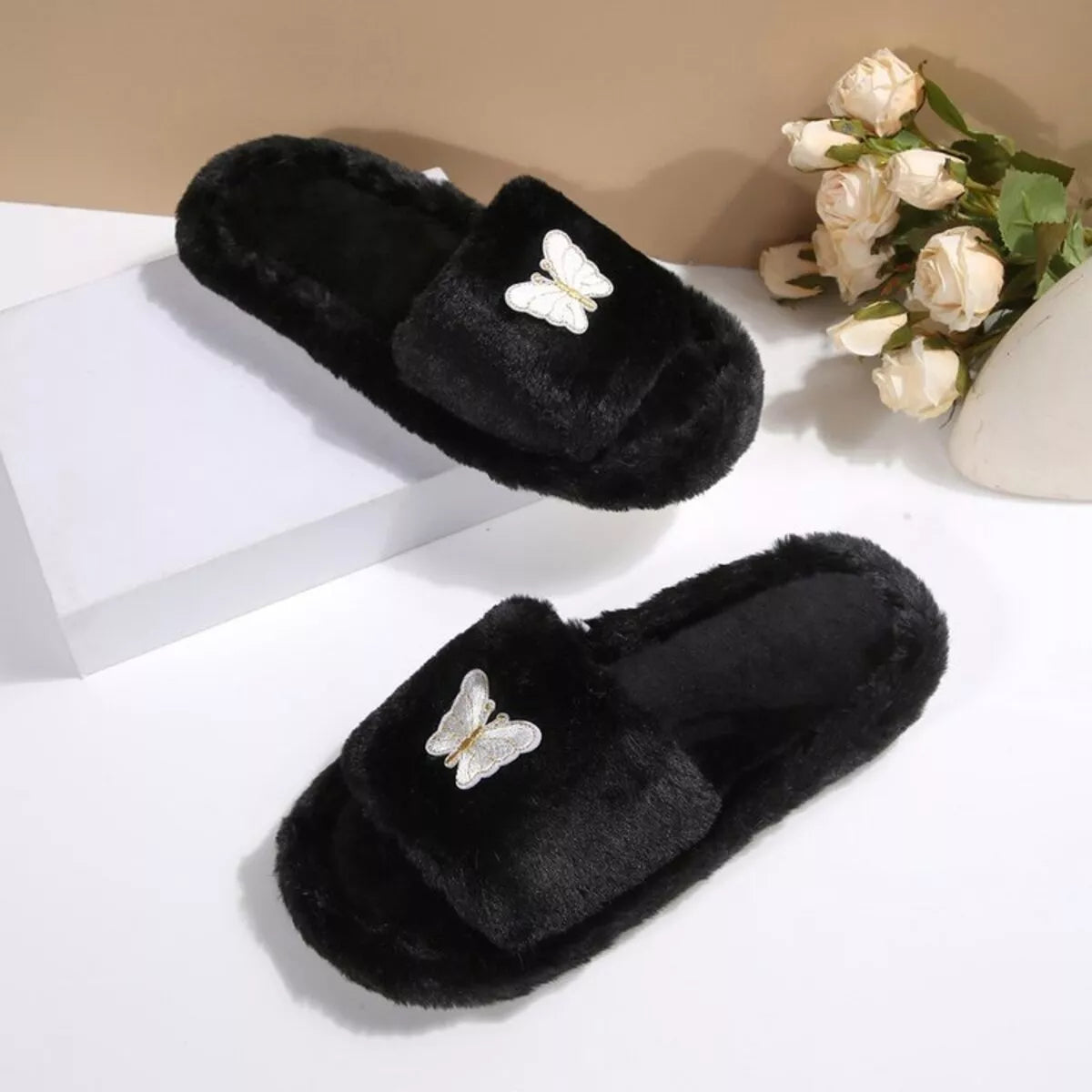 Butterfly Faux-Fur Slider Slippers