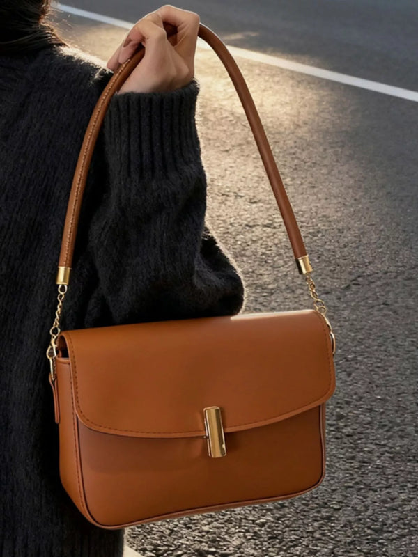 Tan Faux-Leather Flap Shoulder Bag