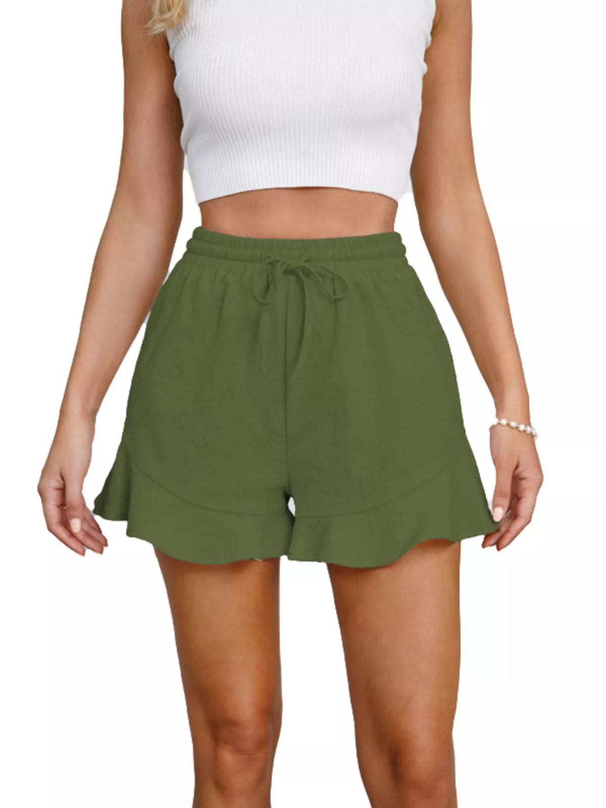 Blush Ruffle-Hem Drawstring Shorts