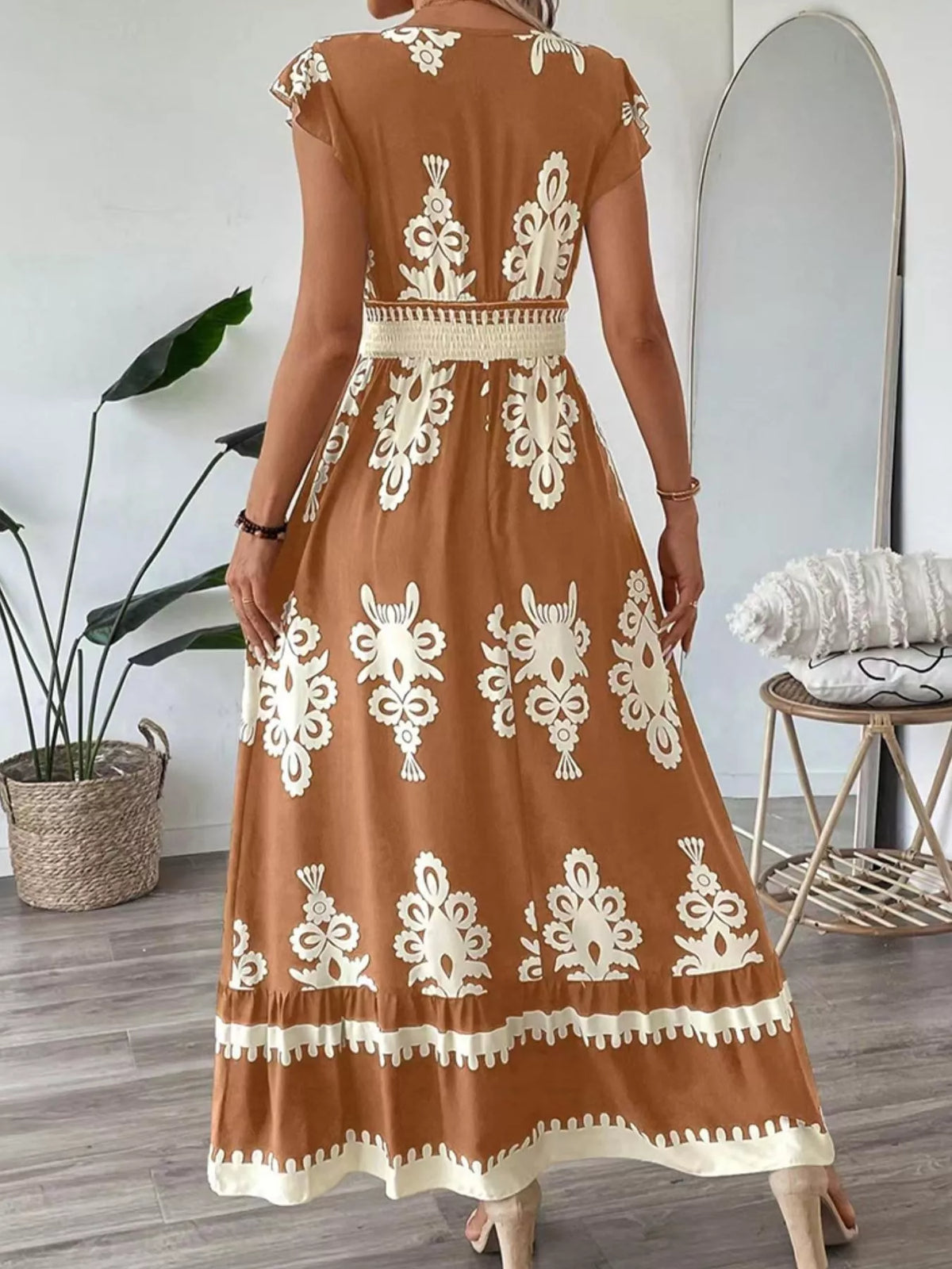 Printed Ruffle V-Neck Maxi Dress