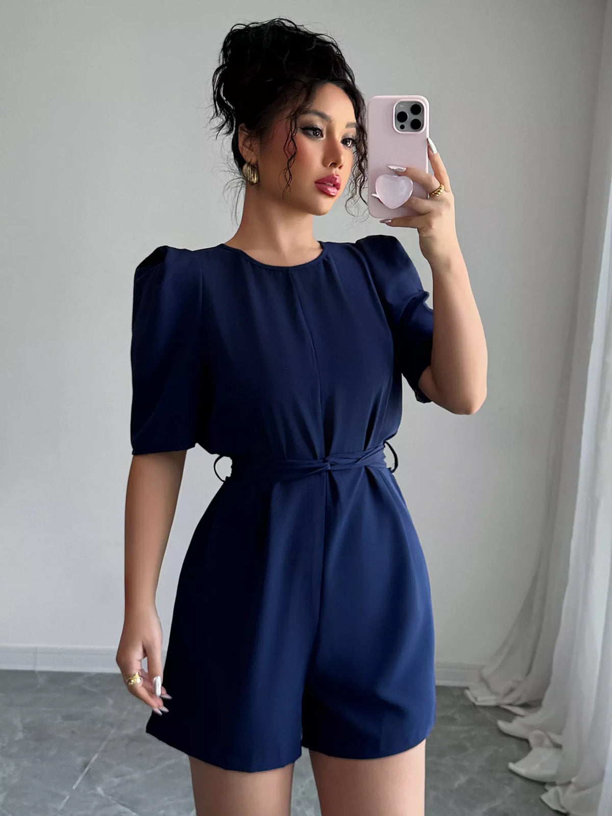 Navy Puff-Sleeve Tie-Waist Playsuit