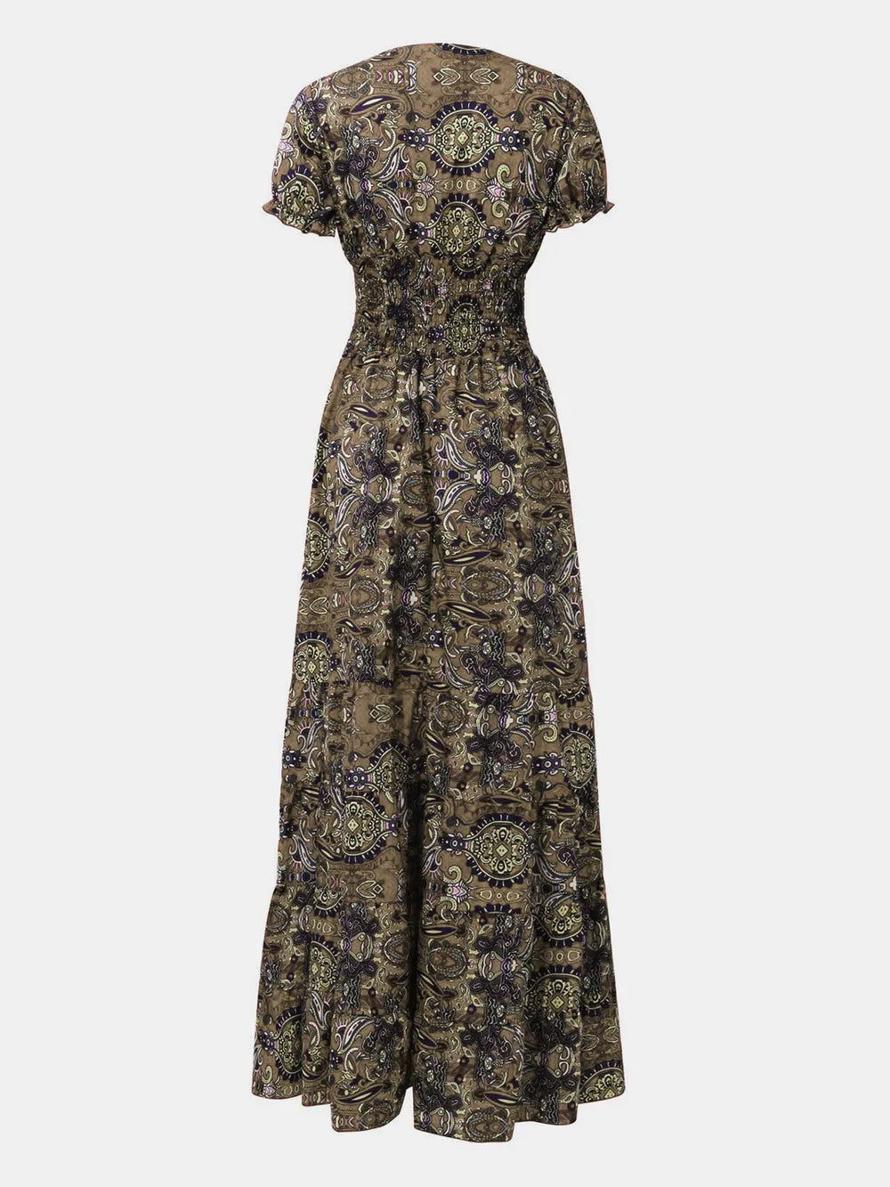 Smocked Printed V-Neck Maxi Dress