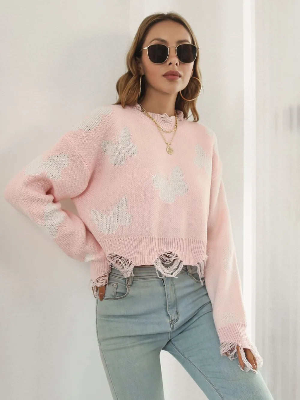 Butterfly Distressed Cropped Jumper