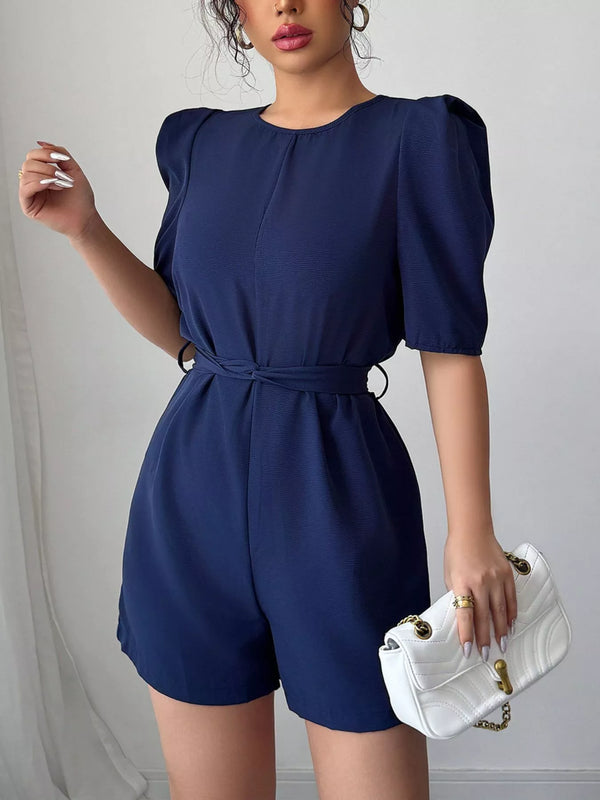 Navy Puff-Sleeve Tie-Waist Playsuit
