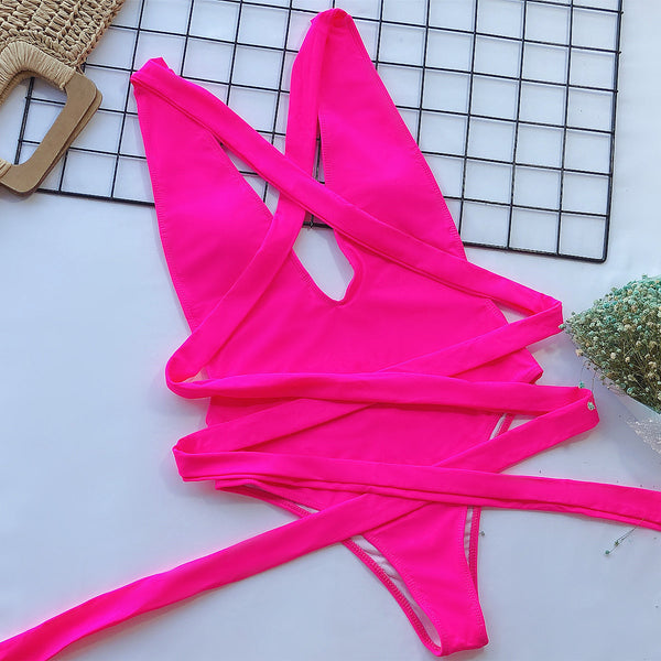 Hot Pink Plunge Wrap Swimsuit