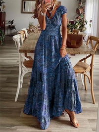 Smocked Printed V-Neck Maxi Dress
