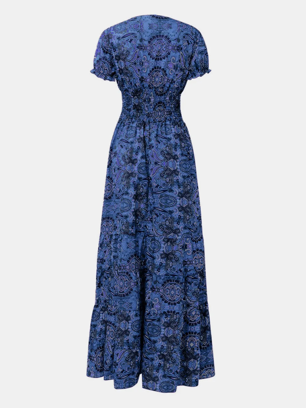 Smocked Printed V-Neck Maxi Dress